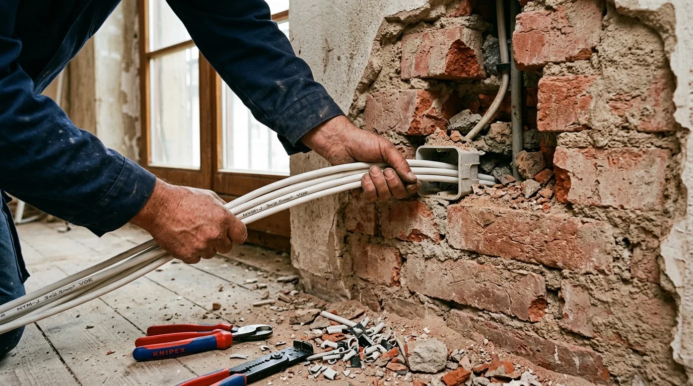 Neue Kabel werden in einer aufgestemmten Altbauwand verlegt