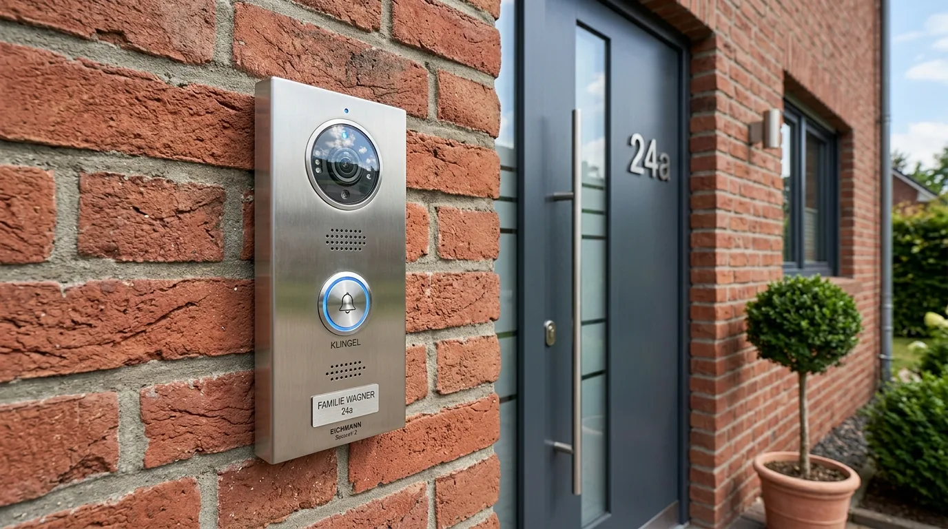 Edelstahl-Video-Türsprechanlage an einer Backsteinhauswand