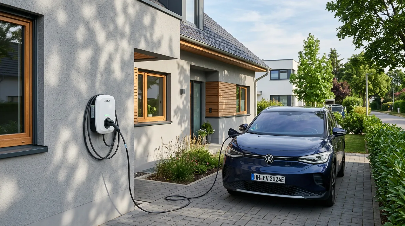 Saubere Wallbox-Installation an einem Einfamilienhaus, das E-Auto angeschlossen